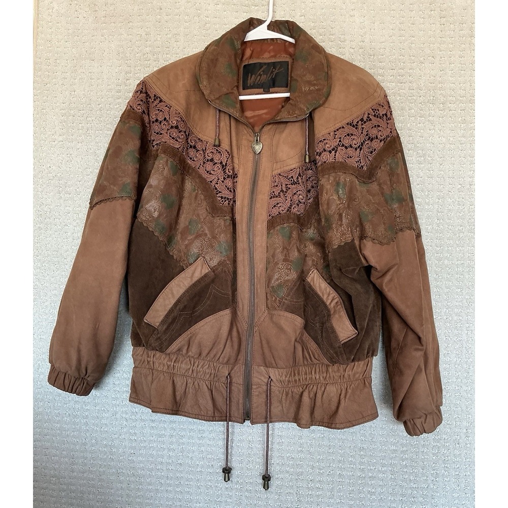 Winlit VINTAGE LEATHER BOMBER JACKET Women M Western Rodeo Lace Suede BOHO 80's